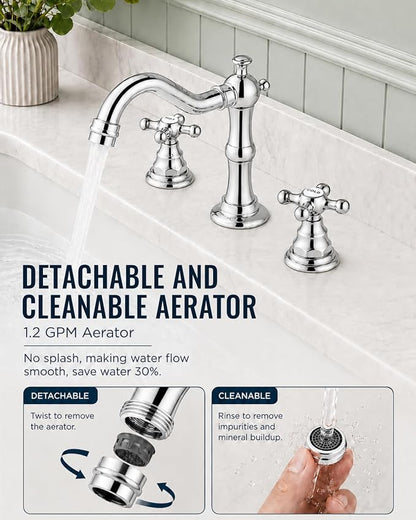 gotonovo Bathroom Faucet 3 Hole Vintage, Polish Chrome, Hot Cold Label | Widespread Bathroom Sink Faucet 8 Inch 2 Cross Handles,Pop Up Drain,cUPC Supply Line,4-15.7” Install,for Vanity Farmhouse RV