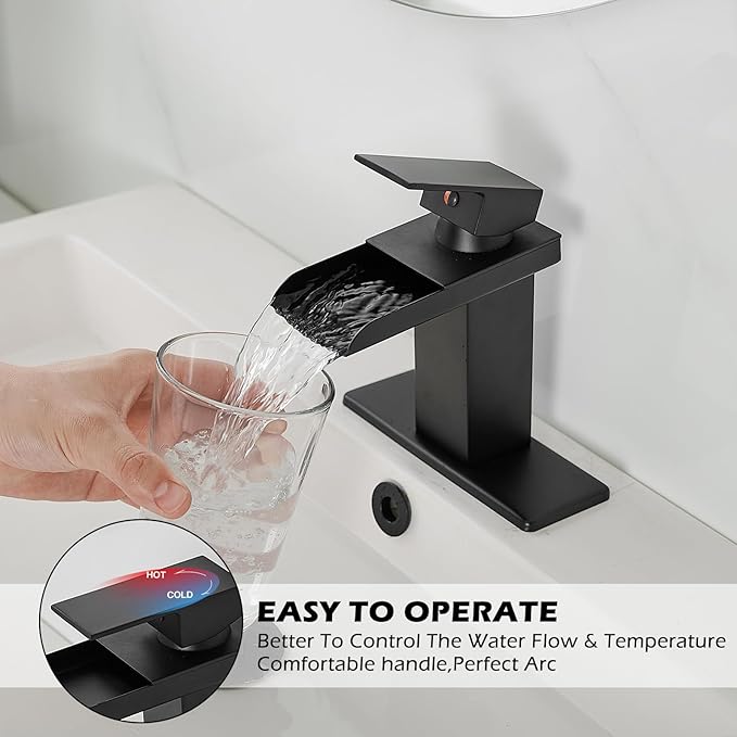 BWE Black Bathroom Faucet Waterfall Single Handle Bathroom Faucet One Hole Bathroom Sink Faucet with Supply Line Lavatory Vanity Mixer Tap Deck Mounted Matte Black