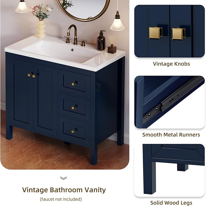 DWVO 36 Inch Bathroom Vanity with Sink Combo, Modern Bathroom Storage Cabinet with Resin Basin, Three Holes, 2 Doors & 3 Drawers, Navy Blue