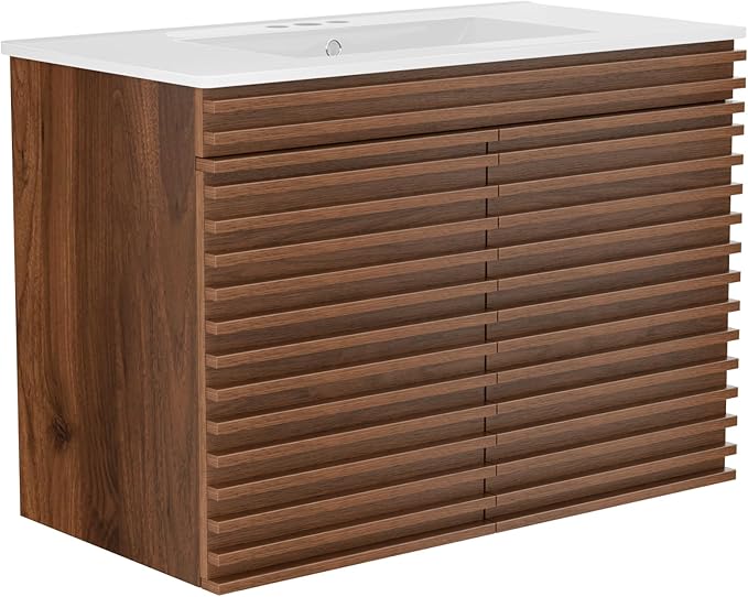 ROOMTEC 36" Bathroom Vanity with Ceramic Sink Combo, Mid-Century Wall Mounted Floating Bathroom Vanity Cabinet with 2 Closing Doors, Wood Grain Texture, Walnut