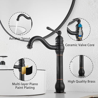 Black Bathroom Faucet GGStudy 360° Swivel Single-Handle One Hole Bathroom Vessel Sink Faucet Matching Pop Up Drain