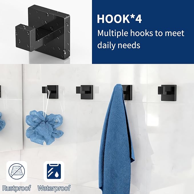 Gypie Bathroom Accessories Set Wall Mounted, 10-Piece 16In Matte Black | Stainless Steel Modern Wall Mount Towel Racks for Bathroom Towel Bar Set