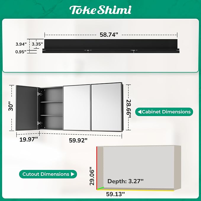 TokeShimi 60x30 Recessed Medicine Cabinet with Mirror, Black Medicine Cabinet Mirrored Aluminum Alloy, Wall Mounted Metal Beveled Mirror with Storage for Bathroom Vanity