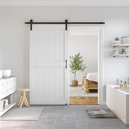 SMARTSTANDARD 42" x 84" White Sliding Barn Door with 7FT Black Hardware | Pre-Drilled Ready to Assemble, Waterproof PVC Coating, H-Frame