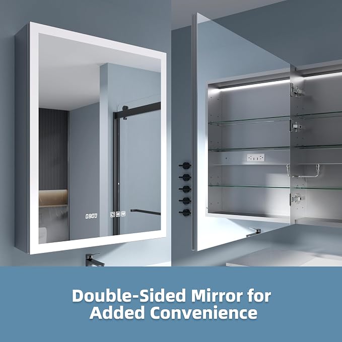 LED Medicine Cabinet 24x30 Anti-Fog Mirror Dimmable Recessed Mount | 3 Color Dimmable LED. Time Temp Display. Anti-Fog IP44. 2 Outlets+2 USB. Plug-in/Hardwired. Recessed/Wall Mount. Left Hinge