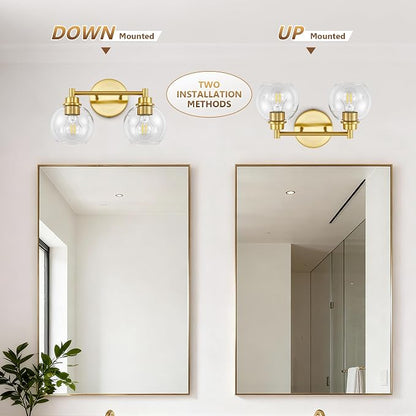 Bathroom Light Fixtures, Vanity Lights for Bathroom 2-Light Gold, Bathroom Lighting Fixtures Over Mirror with Clear Glass Globe Shade, Bathroom Vanity Light for Living Room Kitchen Bedroom Hallway