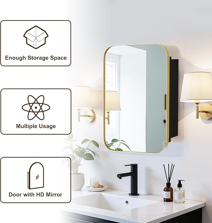 Casaphoria 24" H x 16" W W Bathroom Medicine Cabinet with Mirror, Metal Frame Wall Medicine Cabinets Mirrors, Wall Mirror Cabinet, Gold