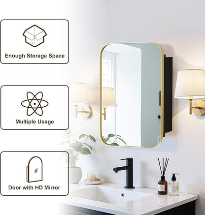 Casaphoria 24" H x 16" W W Bathroom Medicine Cabinet with Mirror, Metal Frame Wall Medicine Cabinets Mirrors, Wall Mirror Cabinet, Gold