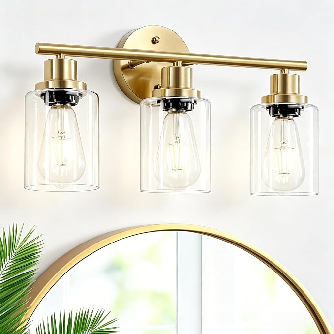 3-Light Brushed Gold Vanity Lights, E26 Modern Bathroom Light Fixtures with Clear Glass Shade, Wall Lamps for Mirror Kitchen Hallway Cabinet Living Room Sconces Lights