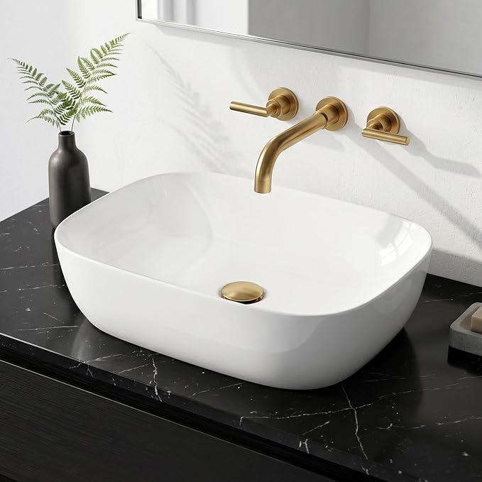 KES 18" x 13" Rectangle Vessel Sink for Bathroom Vanity Countertop, Glossy White Ceramic Porcelain Bathroom Sink Bowl Above Counter, Modern Look, BVS140