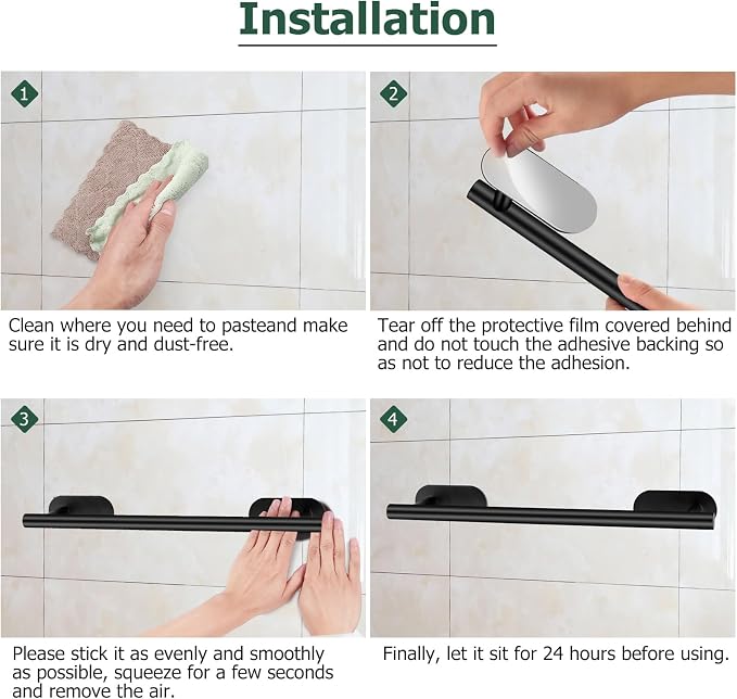 JiGiU Self Adhesive Towel Bar, Wall Mount No Drill Bathroom Hardware Set | With 16" Bath Towel Bar,Toilet Paper Holder Towel Ring & 3-Pack Towel Hooks Stainless Steel Sticky on Towel Holder Kit-Black