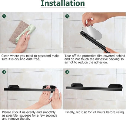 JiGiU Self Adhesive Towel Bar, Wall Mount No Drill Bathroom Hardware Set | With 16" Bath Towel Bar,Toilet Paper Holder Towel Ring & 3-Pack Towel Hooks Stainless Steel Sticky on Towel Holder Kit-Black