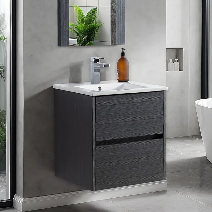 Blossom Single Bathroom Vanity with Ceramic Sink | All Wood Floating Vanity Cabinet | 2 Soft-Closing U-Shaped Cutout Drawers | 20" w/Ceramic Sink, Silver Grey