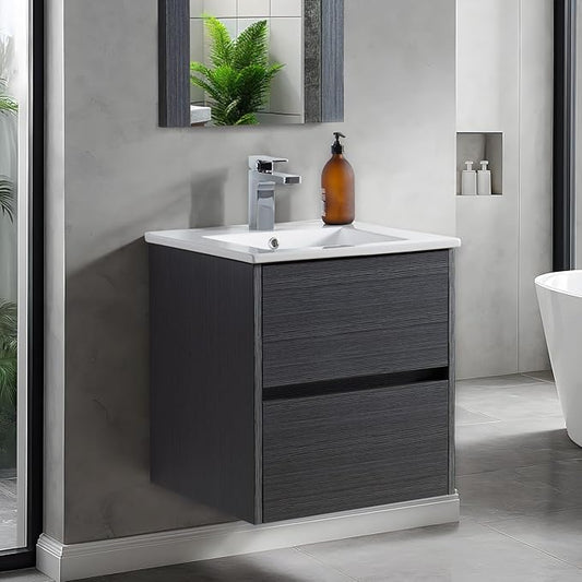 Blossom Single Bathroom Vanity with Ceramic Sink | All Wood Floating Vanity Cabinet | 2 Soft-Closing U-Shaped Cutout Drawers | 20" w/Ceramic Sink, Silver Grey