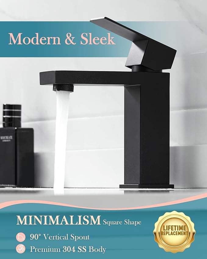 Single Hole Bathroom Faucet, 1-Handle Bathroom Sink Faucet with Pop-Up Drain, 304 Stainless Steel Matte Black for Modern Bath/Vanity