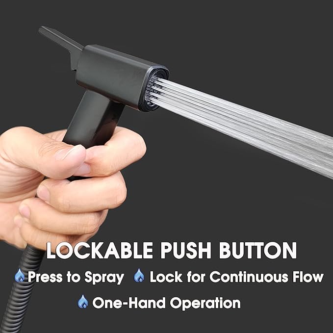 Handheld Bidet Sprayer for Toilet, Lockable Push Button, High Pressure Bathroom Sprayer, Cloth Diaper & Personal Hygiene Sprayer, Tank Mount No-Drill Install, Stainless Hose Set, Black Color