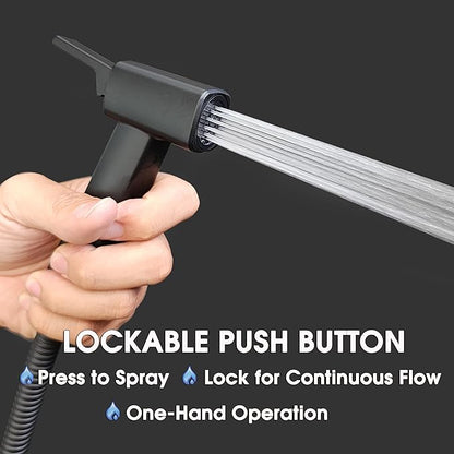 Handheld Bidet Sprayer for Toilet, Lockable Push Button, High Pressure Bathroom Sprayer, Cloth Diaper & Personal Hygiene Sprayer, Tank Mount No-Drill Install, Stainless Hose Set, Black Color
