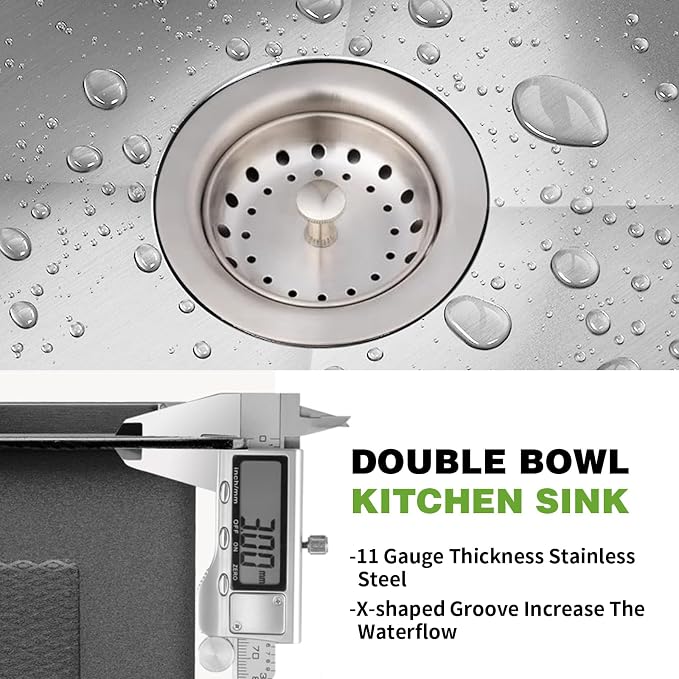33x22In Drop-in Kitchen Sink, Stainless Steel,50/50 Equal Double Bowl | Modern Topmount Kitchen Sink Combo, Include SS Grid,Silicon Mat,Drain Assembly Set, Compatibility With Various Kitchen Style