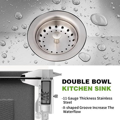 33x22In Drop-in Kitchen Sink, Stainless Steel,50/50 Equal Double Bowl | Modern Topmount Kitchen Sink Combo, Include SS Grid,Silicon Mat,Drain Assembly Set, Compatibility With Various Kitchen Style
