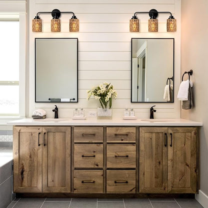 3-Light Bathroom Light Fixtures Vanity Lights Over Mirror, Rustic Farmhouse Rattan Wall Sconce with Boho Hand Woven Wall Lamp Natural Style Wall Mounted Light Vanity Lighting for Bedroom Hallway