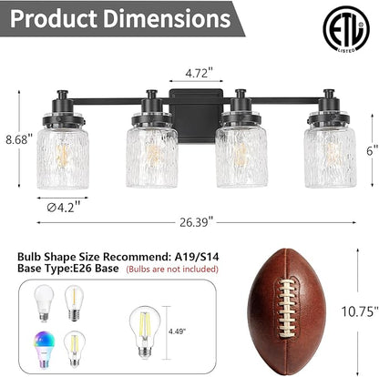 4 Light Bathroom Light Fixtures Farmhouse Black Vanity Lights | ETL Certificate, Easy to Install,Wall Mount Up or Down,Hammered Glass Lampshade,E26 Socket,Hardwired,120V