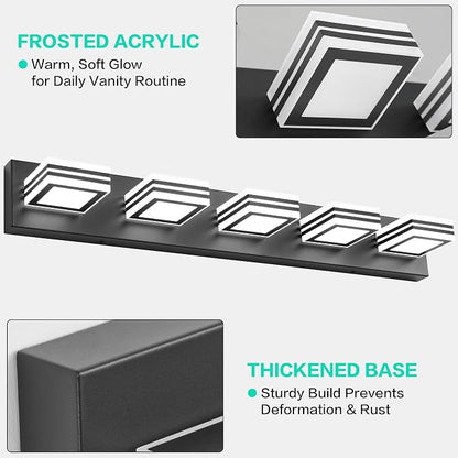 SOLFART LED Bathroom Lighting Fixtures - 5 Lights Modern Matte Black Acrylic Vanity Lights for Mirror 32inch 24W