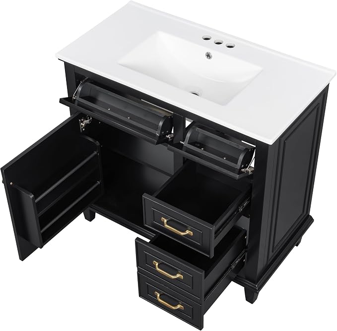 36" Bathroom Vanity with Ceramic Sink Top, Soft-Close Door & Flip Drawers, Freestanding Storage Cabinet W/Adjustable Shelf, Solid Wood Frame for Bathrooms, Powder Room, Guest Bath,Black