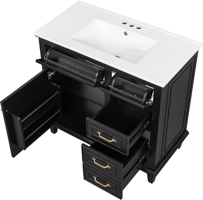 36" Bathroom Vanity with Ceramic Sink Top, Soft-Close Door & Flip Drawers, Freestanding Storage Cabinet W/Adjustable Shelf, Solid Wood Frame for Bathrooms, Powder Room, Guest Bath,Black
