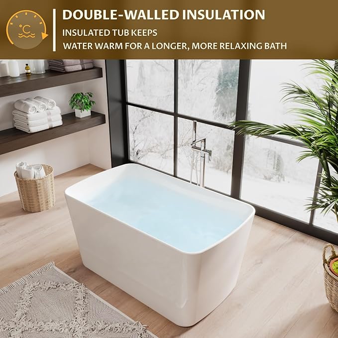 Small Freestanding Bathtub 55 inch, Acrylic Square Soaking Tub with Seat Design, Compact Stand Alone Tub for Small Bathroom with Chrome Drain & Overflow, cUPC Certified, Glossy White
