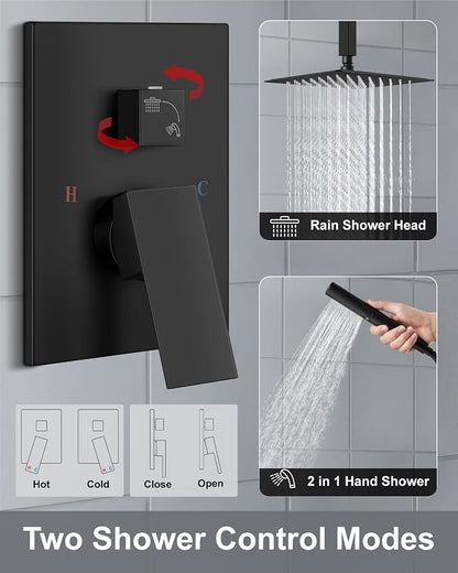 Aolemi Shower System with Rain Head and Handheld,12-Inch,Matte Black | High-Pressure Shower Faucet Set with Dual-Function Handheld,Rough-In Valve,1.8 GPM,Ceiling Mount Trim Kit
