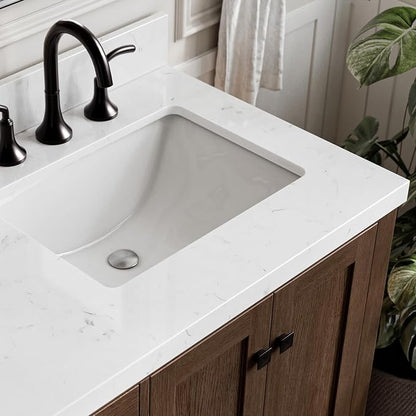 ARIEL Cambridge 60-inch Bathroom Vanity with Sink,Solid Wood, 1.5-inch Carrara White Quartz Countertop, Double Rectangular Porcelain Sink, 4 Soft Closing Doors, 6 Dovetail Drawers, Brown Oak