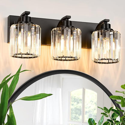 3 Lights Crystal Bathroom Vanity Light Modern Black Bathroom Light Fixture Over Mirror Vanity Lights for Bedroom,Restroom,Hallway E26 Base
