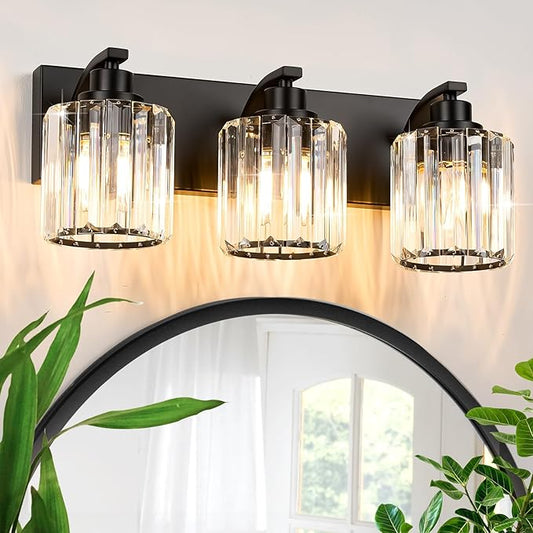 3 Lights Crystal Bathroom Vanity Light Modern Black Bathroom Light Fixture Over Mirror Vanity Lights for Bedroom,Restroom,Hallway E26 Base