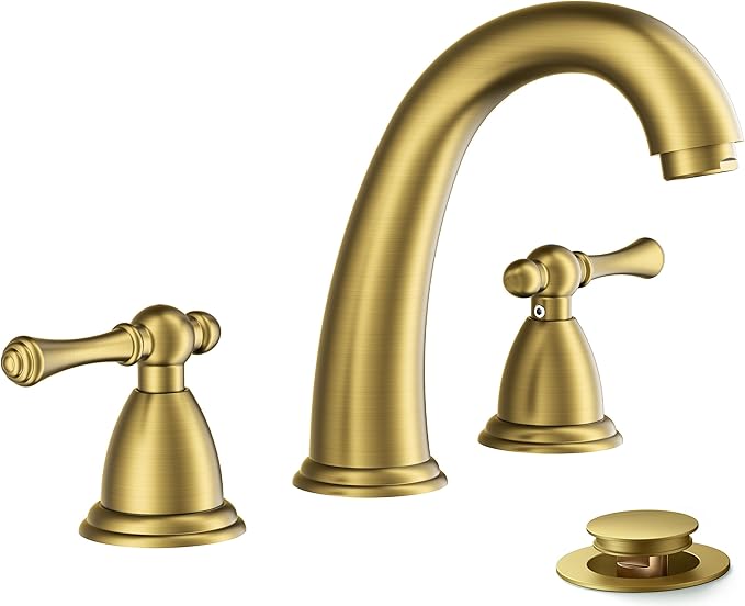 FORIOUS Brushed Gold Faucet for Bathroom Sink 3 Hole, 8 Inch Widespread Bathroom Faucet with Pop Up Drain and Water Hose Supply, 2 Lever Handles Design, for Commercial Vanity RV Lavatory Camper Sink