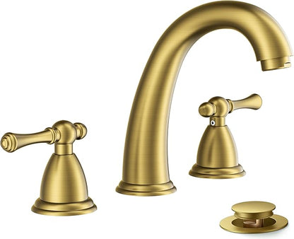 FORIOUS Brushed Gold Faucet for Bathroom Sink 3 Hole, 8 Inch Widespread Bathroom Faucet with Pop Up Drain and Water Hose Supply, 2 Lever Handles Design, for Commercial Vanity RV Lavatory Camper Sink