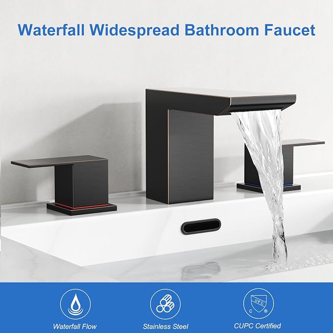 RUMOSE Bathroom Faucets 3 Hole Bronze Bathroom Sink Faucet with Drain | 8 Inch Mixer Widespread Waterfall Vanity Two Handle Lavatory Bath Tap, Pop Up Drain, Stainless Steel