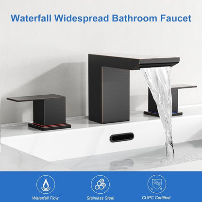 RUMOSE Bathroom Faucets 3 Hole Bronze Bathroom Sink Faucet with Drain | 8 Inch Mixer Widespread Waterfall Vanity Two Handle Lavatory Bath Tap, Pop Up Drain, Stainless Steel