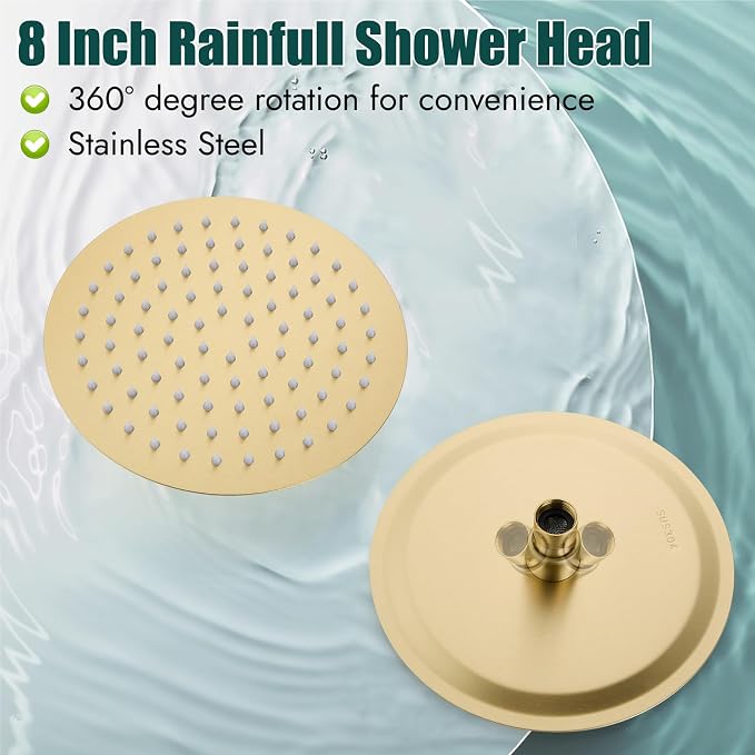 Heyalan 8-Inch Round Rain Shower Faucet Set with Valve,Brushed Gold | SUS304 stainless steel shower head, brass rough-in valve, single-handle control, 1.8 GPM, ideal for bathroom remodels