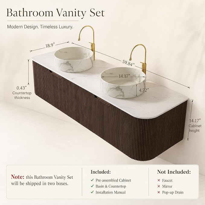 60 Inch Double Sink Bathroom Vanity, Floating Wall Mounted Cabinet, Dark Walnut Curved Fluted Front, Stone Top, Dual Marble-Look Round Vessel Basins, Pre-Assembled