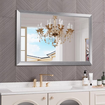 Bathroom Mirror for Wall, 48x32 Inch (Brushed Silver) | HD Reflection, Tempered Glass, Thick Metal Framed Rectangle Mirrors for Over Sink, Bedroom, Living Room, Entryway, Anti-Rust