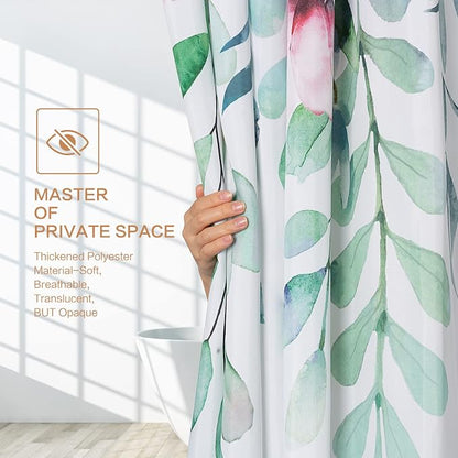 Watercolor Eucalyptus Shower Curtain, Spring Shower Curtain Green Leaves with Blooming Floral, Polyester Fabric Waterproof Shower Curtain Sets Machine Washable Decor Home Farmhouse Bath Curtain