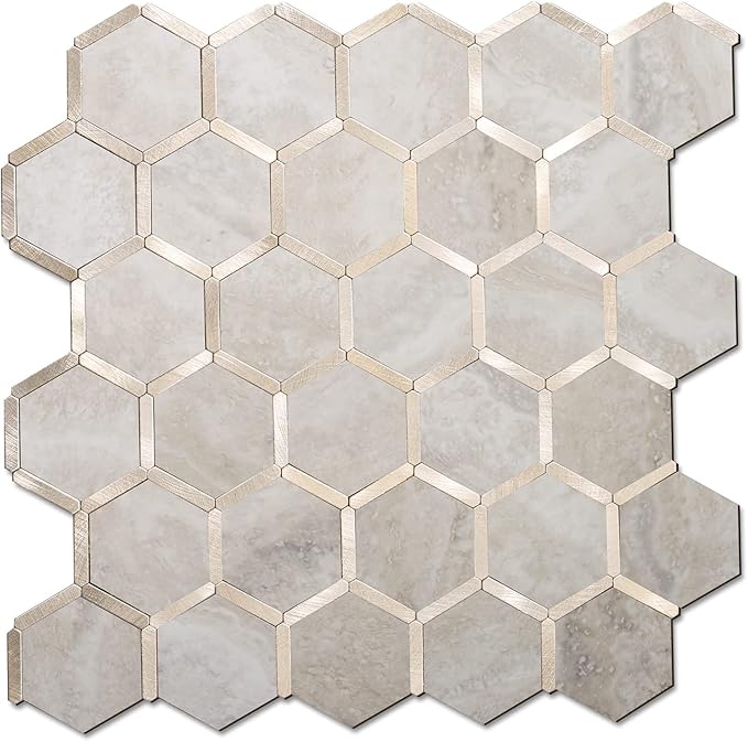 STICKGOO Hexagon Peel and Stick Backsplash Tile, Stick on Backsplash for Kitchen and Bathroom, Beige Marble Look PVC Mixed Metal Gold Self Adhesive Wall Tiles(6 Sheets, Seamless)