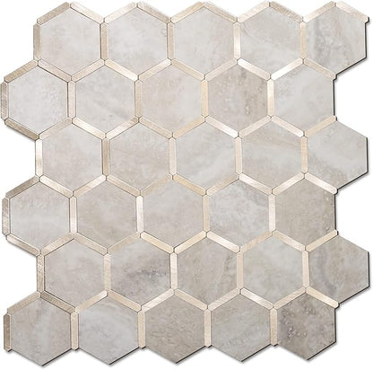 STICKGOO Hexagon Peel and Stick Backsplash Tile, Stick on Backsplash for Kitchen and Bathroom, Beige Marble Look PVC Mixed Metal Gold Self Adhesive Wall Tiles(Sample, Seamless)