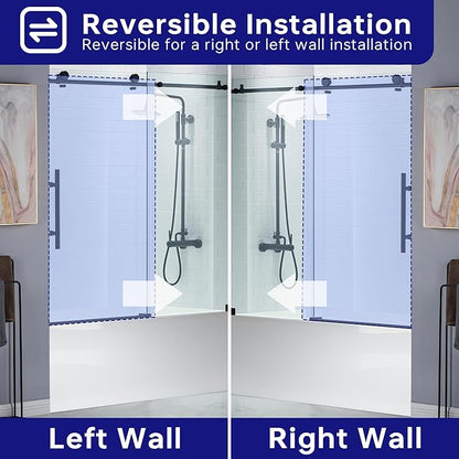 Woodbridge Frameless Bathtub Shower Doors 56-60" Width x 62" Height with 3/8"(10mm) Clear Tempered Glass in Matte Black Finish