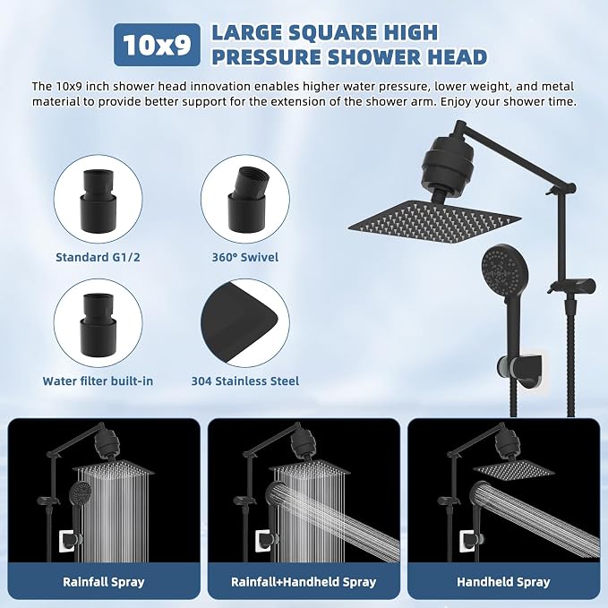 Metal Rain Filtered Shower Head with Handheld, 10" High-Pressure,10-Mode | Black, Rainfall Showerhead with 5" Large Handheld Powerful Wash Mode, Adjustable 16" Extension Arm/71" Hose, 20-Stage Filter