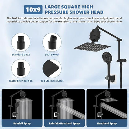 Metal Rain Filtered Shower Head with Handheld, 10" High-Pressure,10-Mode | Black, Rainfall Showerhead with 5" Large Handheld Powerful Wash Mode, Adjustable 16" Extension Arm/71" Hose, 20-Stage Filter