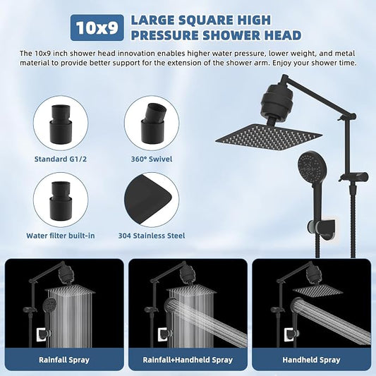Metal Rain Filtered Shower Head with Handheld, 10" High-Pressure,10-Mode | Black, Rainfall Showerhead with 5" Large Handheld Powerful Wash Mode, Adjustable 16" Extension Arm/71" Hose, 20-Stage Filter