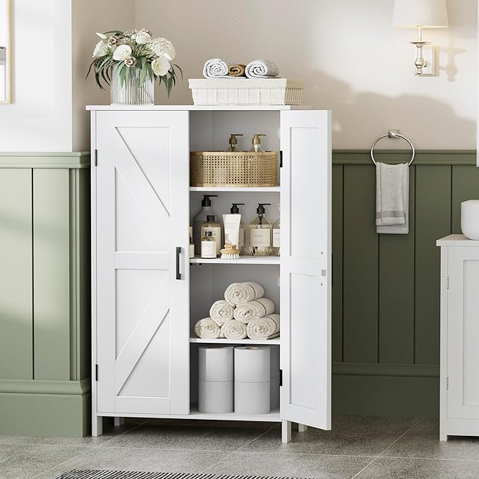 Farmhouse Bathroom Cabinet with Adjustable Shelves, Free-Standing Storage Cabinet with Barn Doors, for Kitchen, Living Room, Dining Room, Entryway, White