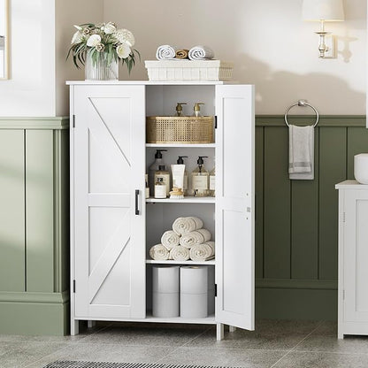 Farmhouse Bathroom Cabinet with Adjustable Shelves, Free-Standing Storage Cabinet with Barn Doors, for Kitchen, Living Room, Dining Room, Entryway, White