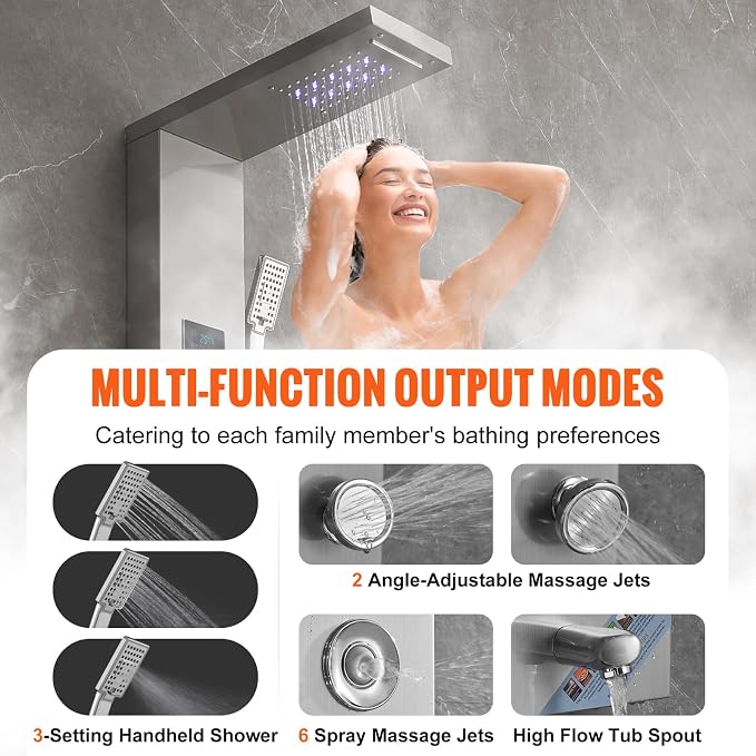VEVOR Shower Panel, 6 Shower Modes, LED & Screen Hydroelectricity Shower Tower Panel System, Rainfall, Waterfall, 8 Massage Jets, Tub Spout, Handheld Shower, Stainless Steel Wall-Mounted Shower Set